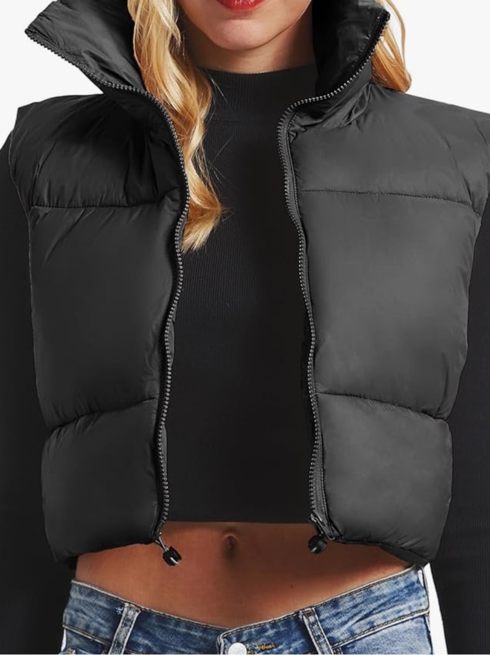 Black Zip Cropped Winter Vest